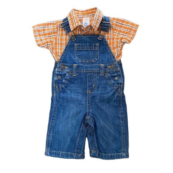 2-Piece Old Navy Denim Overalls and Plaid Button-Front Shirt 0-3 Months - Picture 11 of 12